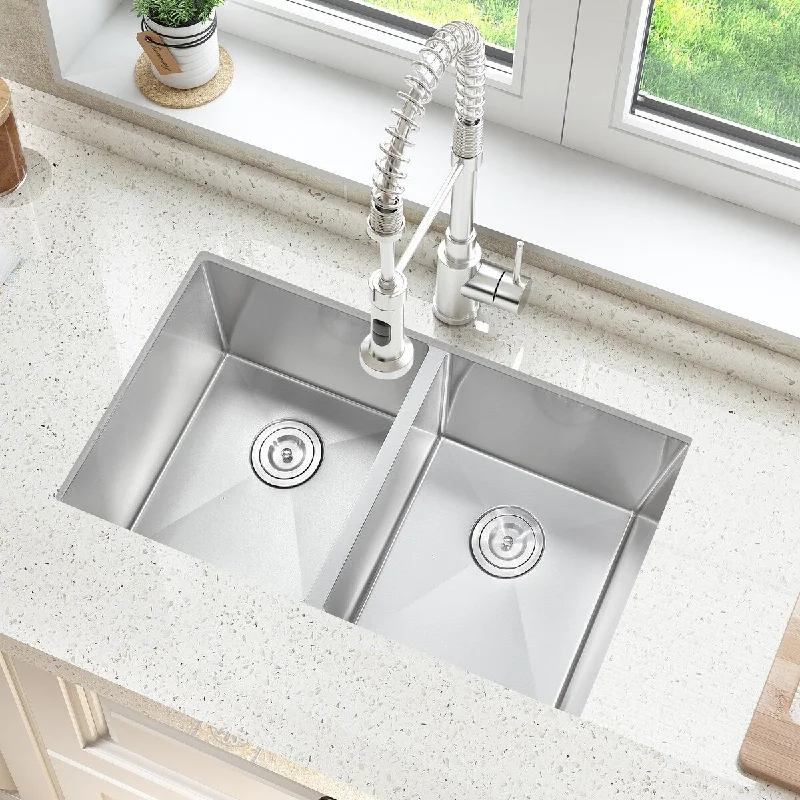 32-inch Undermount Nano Handmade Stainless Steel Kitchen Sink Double Bowls Large Basin With Strainer - Stainless Steel Finish