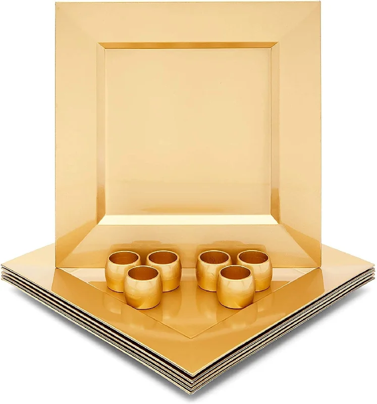 Square Metallic Gold Plastic Charger Plates and Napkin Rings Set (Serves 6)