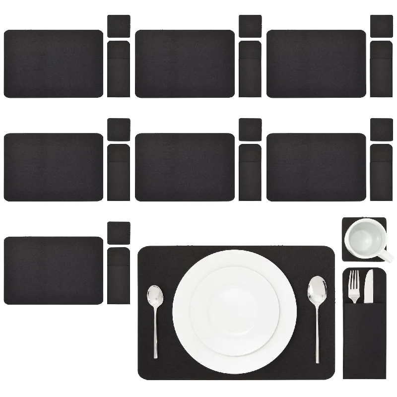 Felt Table Placemats Set of 8 for Dining Table and Kitchen Decor with Drink Coasters and Cutlery Pouches (Black, 24 Pieces)