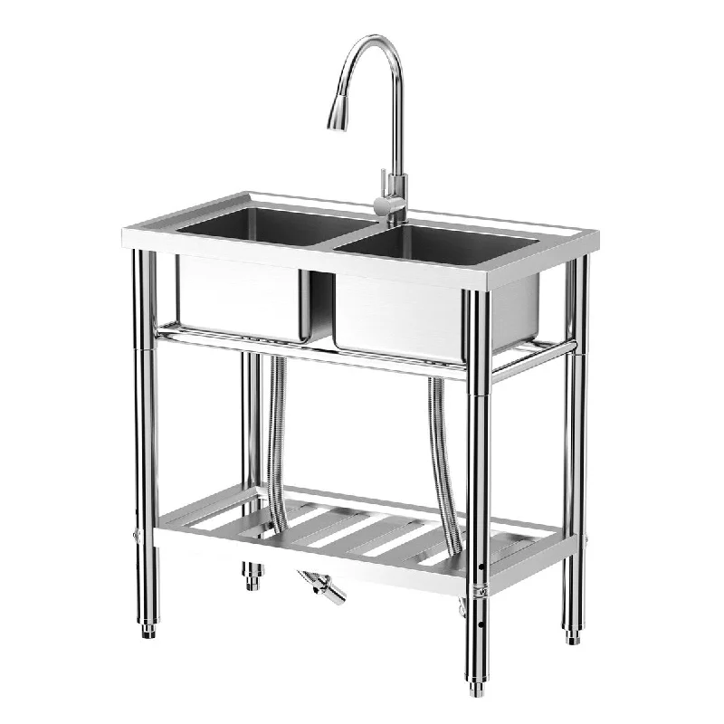 Commercial Kitchen Free Standing Double Bowls Utility Sink - 43 x 25 x 35inch with Faucet