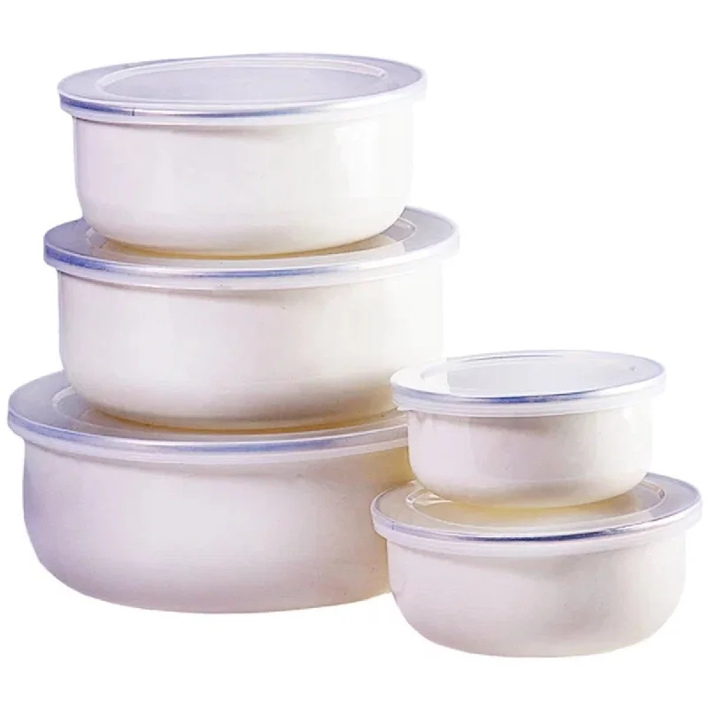 Mayer & Boch White Enamel Set of 5 bowls with lids