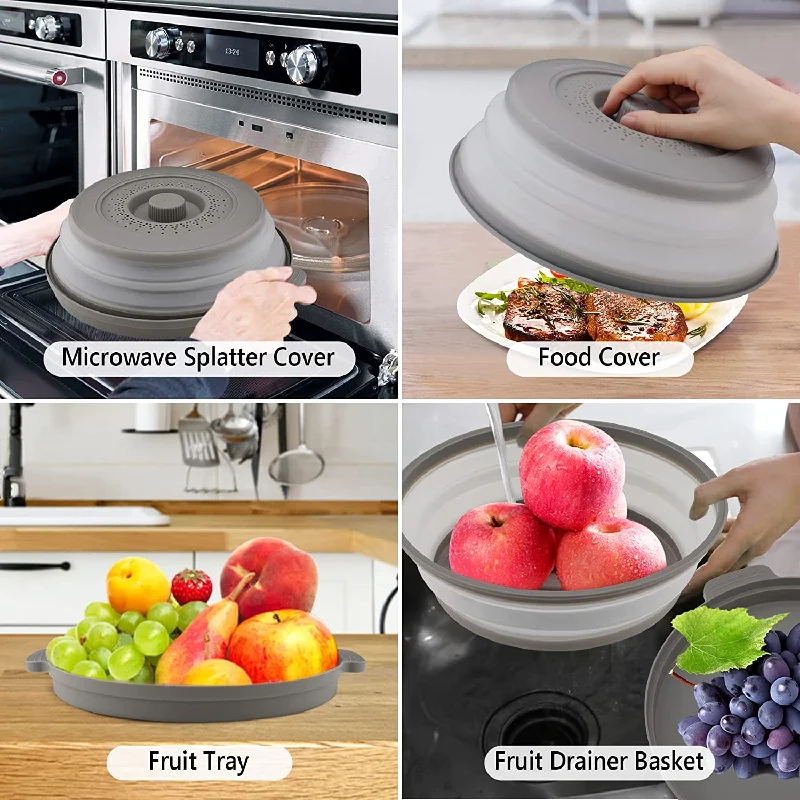 10.6" Vented Collapsible Microwave Splatter Cover With Plate Tray Set (Gray)