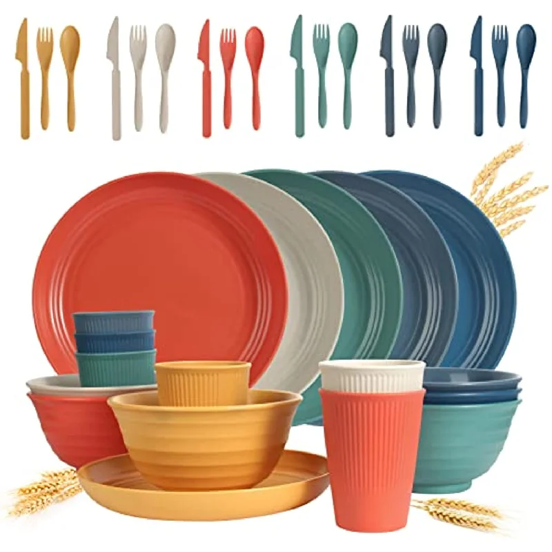 36 Piece Unbreakable Dinnerware Sets, Reusable Wheat Straw Plates and Bowls Sets