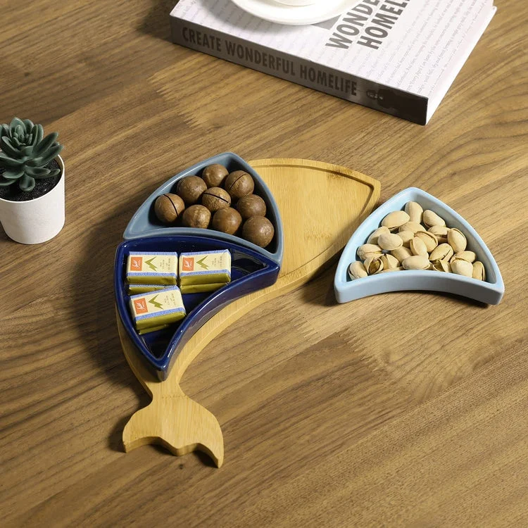 4-Piece Serving Platter Set with 3 Removable Ceramic Blue Toned Curved Triangular Bowls and Fish Shaped Bamboo Tray