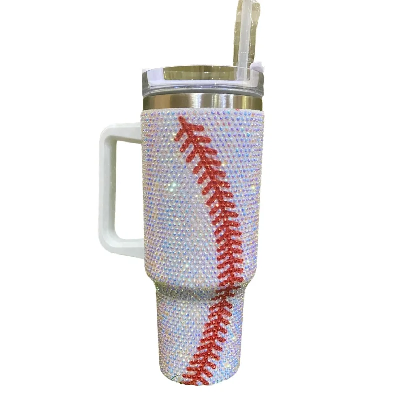 40 Oz Baseball Rhinestone Tumbler In White