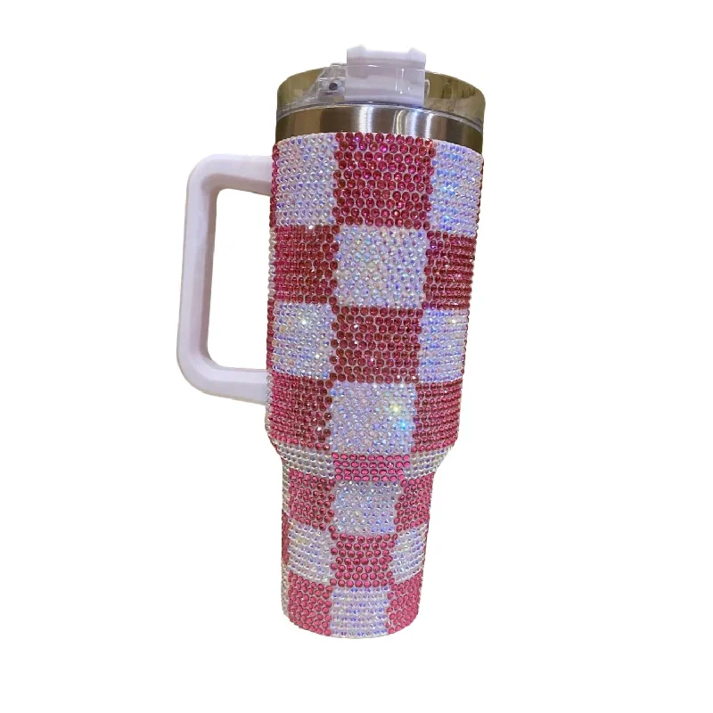 40 Oz Checkered Rhinestone Tumbler In Pink/white