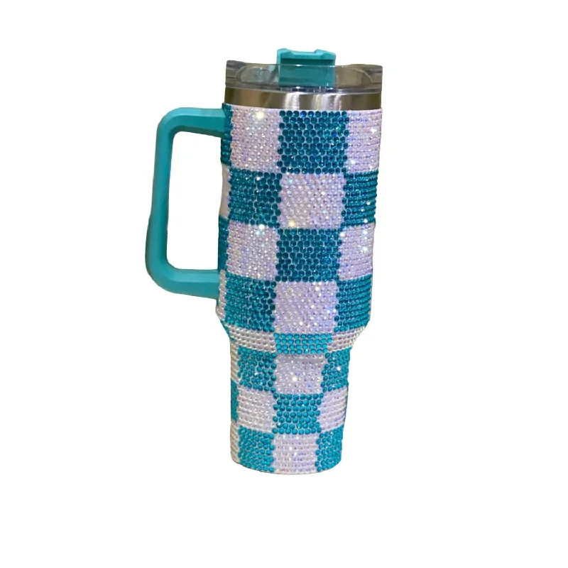 40 Oz Checkered Rhinestone Tumbler In Turquoise/white