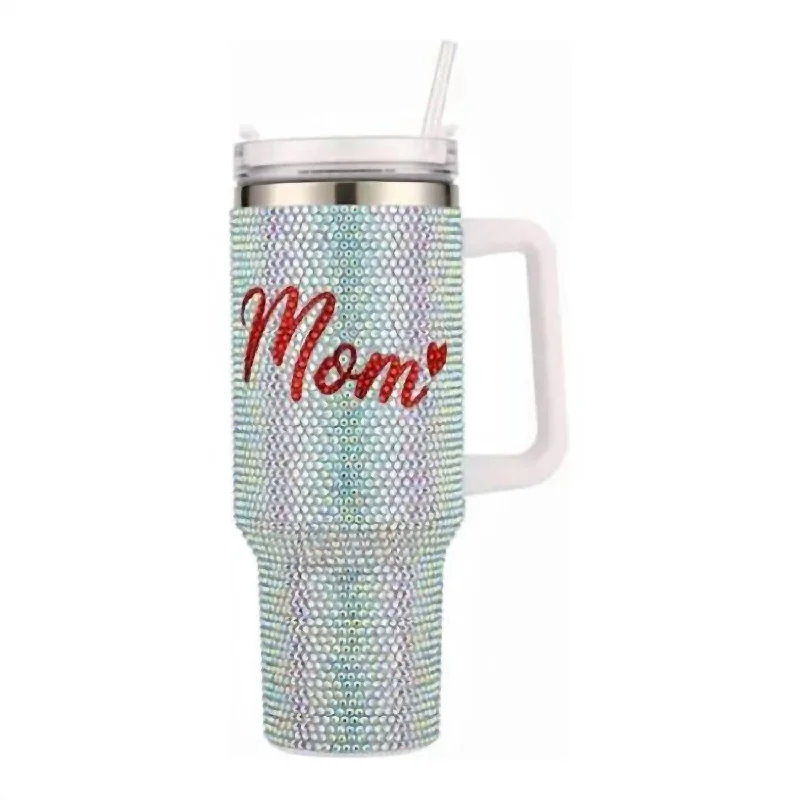 40 Oz Iridescent Mom Rhinestone Tumbler In Silver