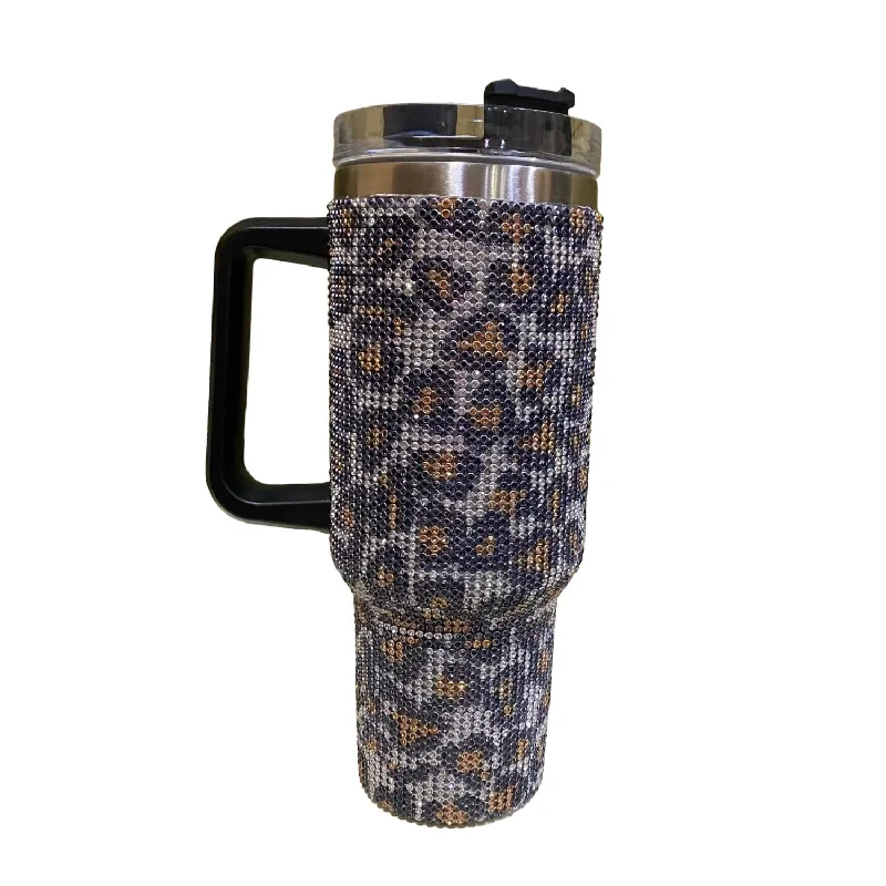 40 Oz Rhinestone Tumbler Water Bottle In Leopard