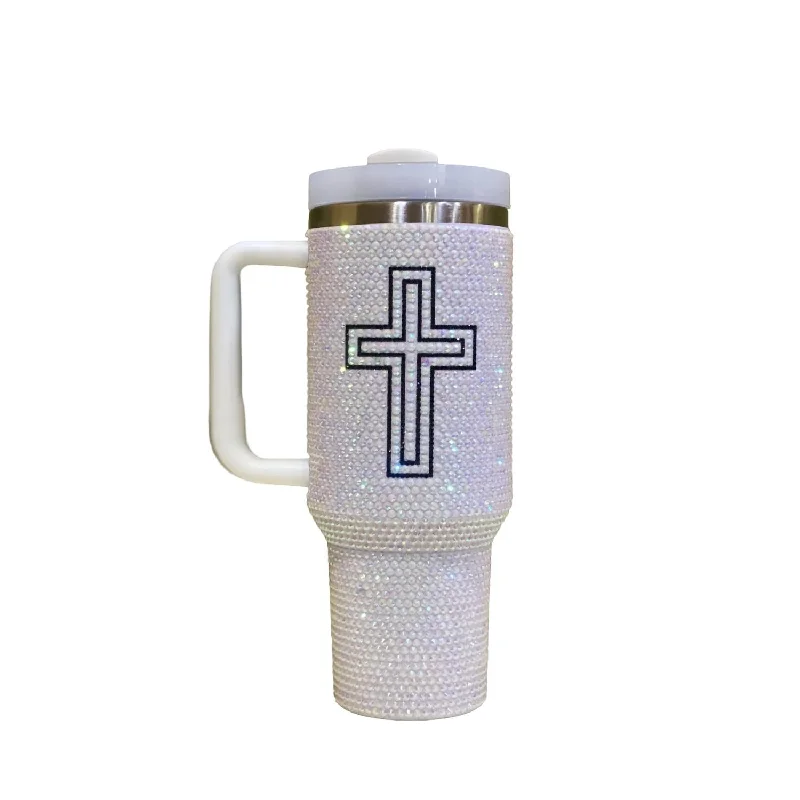 40 Oz Rhinestone Tumbler With Cross In White