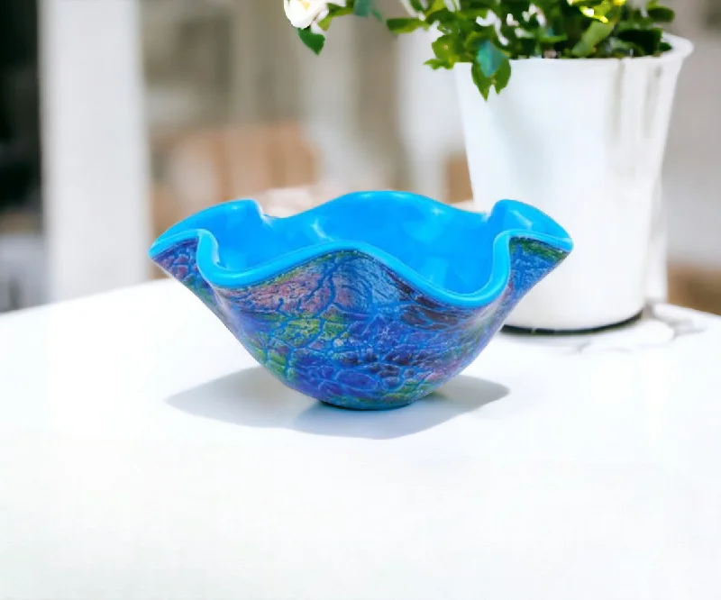 9" Modern Blue And Green Glass Centerpiece Bowl