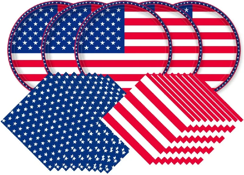 American Flag Patriotic Party Supplies, Disposable Napkins Paper Plates and Paper Cups for Veterans Day 4th of July Independence Day