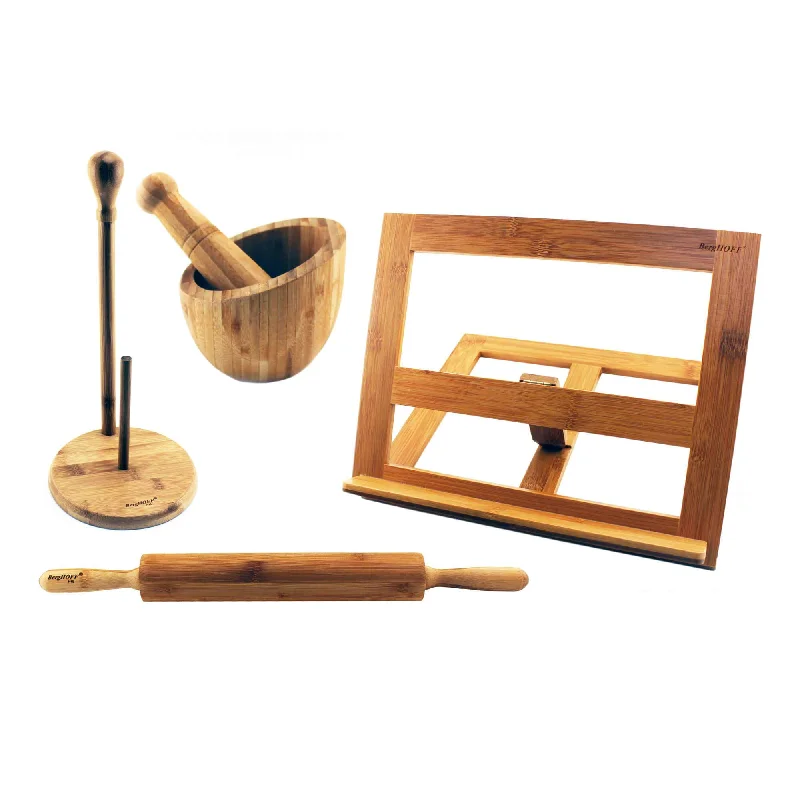 BergHOFF Bamboo Kitchen Set 4pc (Cook Book Holder, Garlic Bowl, Paper Towel Holder, & Rolling Pin)