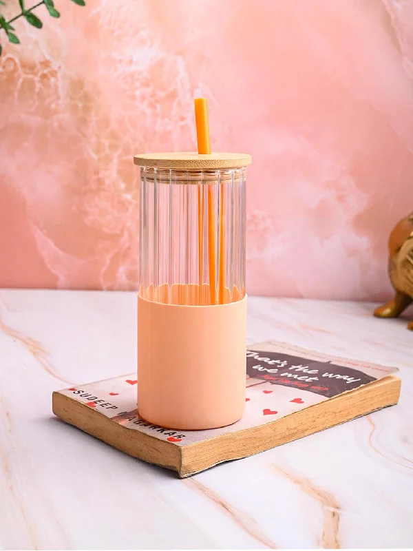 Borosilicate Glass Tumbler with Peach Silicone Sleeve - 350Ml