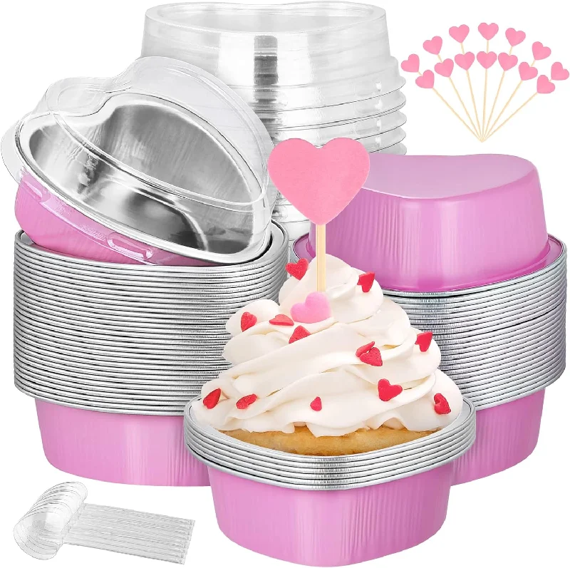 60 Pack Valentine's Day Heart Shaped Cake Pans - 3.4oz Disposable Aluminum Foil Cupcake Pans with Spoons & Lids (Pink)