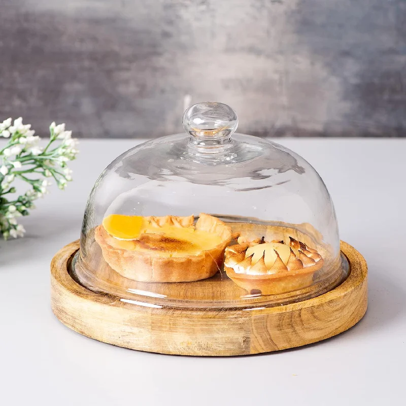 Cake Stand with dome glass Wooden Round Cake Stand | Round Cake Cutting holder for Surprise multipurpose platter cake pastry pizza Brown