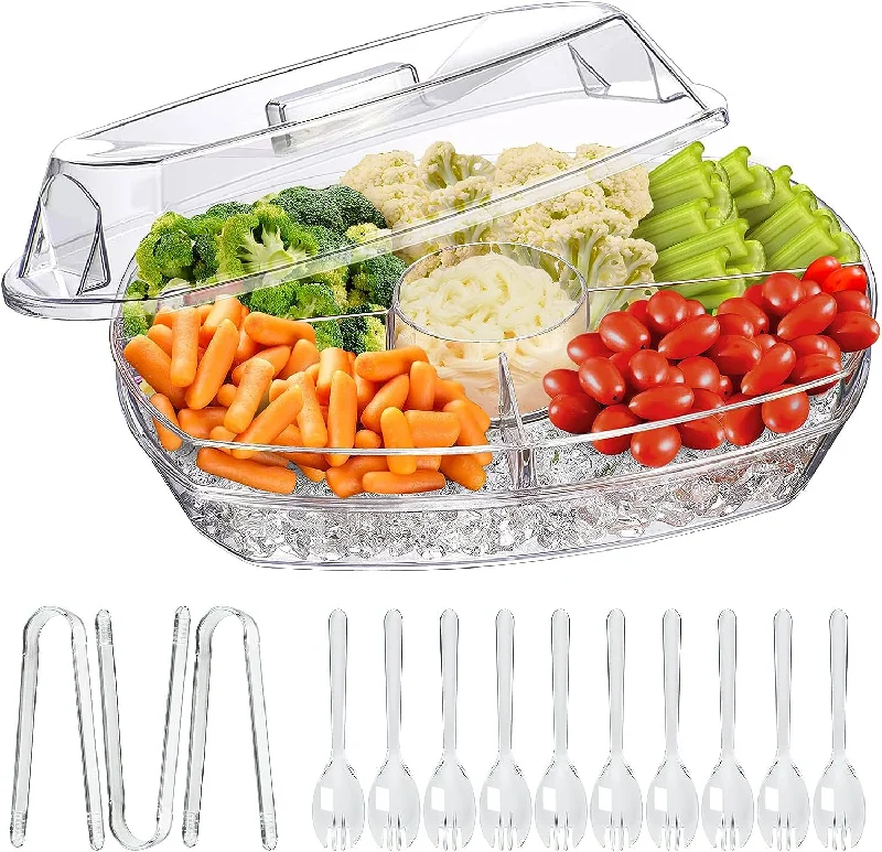 Chilled Veggie Tray 15" Clear Party Platter with 4 Compartments, Ice Serving Bowl with Lid