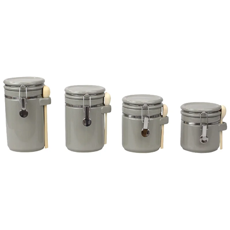 4 Piece Ceramic Canisters with Easy Open Air-Tight Clamp Top Lid and Wooden Spoons, Grey