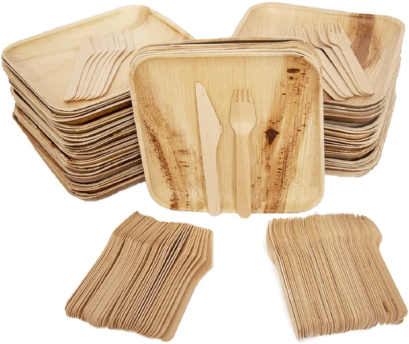 Disposable Party Pack of 150 Eco-friendly Palm Leaf Plates with Cutlery, 50 Disposable 8" Square Palm Leaf Plates, 50 Wood Forks, 50 Wood Knives