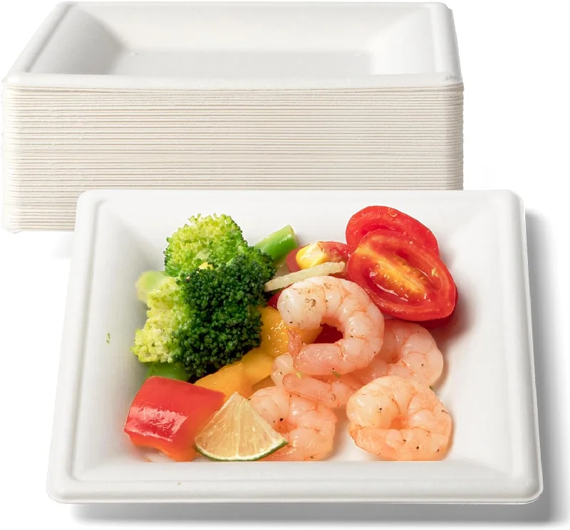 Eco-Friendly Sugarcane Plates for Party, Compostable Heavy-Duty Disposable Biodegradable Square Plates