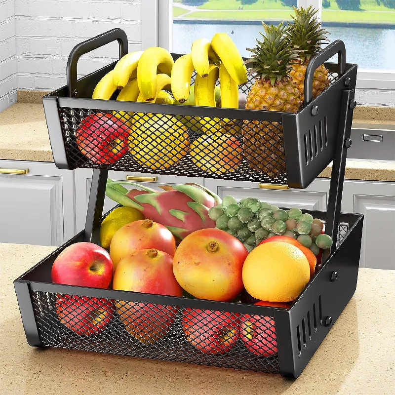 Fruit Basket Bowls 2 Tier For Kitchen Counter Storage Organization, Black