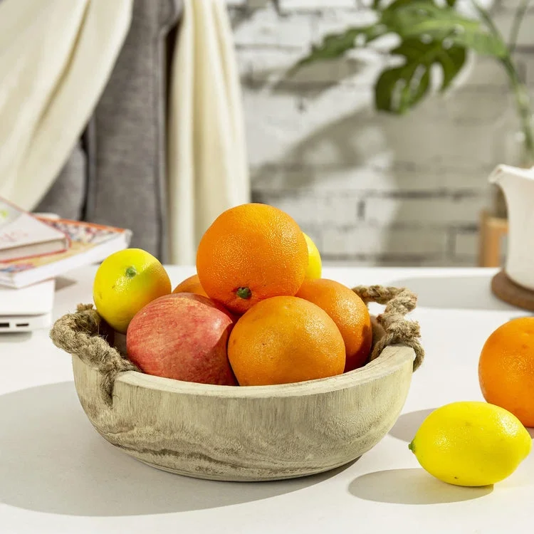 Handmade Paulownia Wood Decorative Round Fruit Bowl with Rope Handles, Serving Bowl Tabletop Home Décor