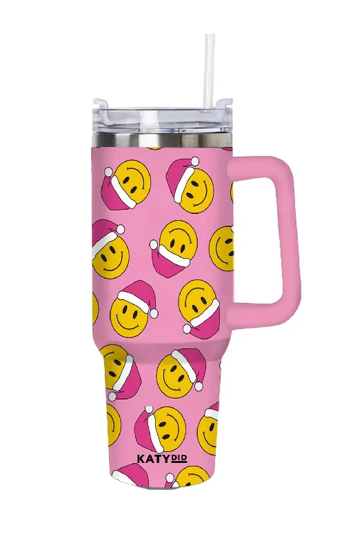 Happy Face Santa Hats Design Tumbler In Light Pink