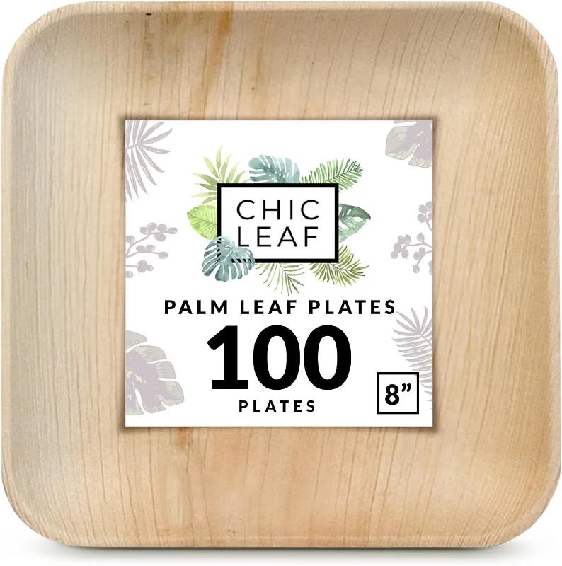 Leaf Plates Bamboo Like Disposable 8 Inch Square Party Bulk Pack 100 Pc - Compostable, Biodegradable, Eco Friendly Heavy Duty