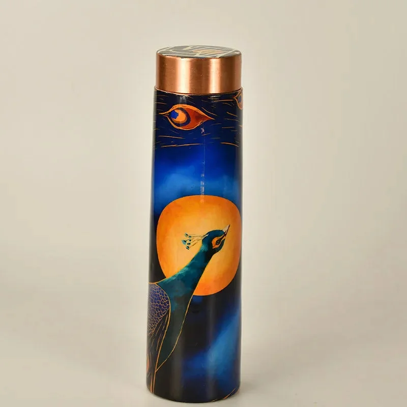 Lunar-Themed Copper Bottle with Peacock Motif