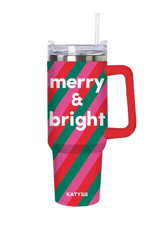 Merry & Bright Christmas Coffee Tumbler In Multicolored Stripes