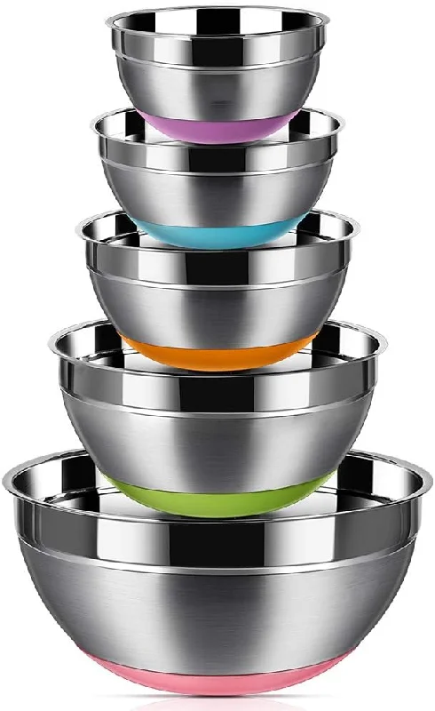 Mixing Bowls Set of 5 Stainless Steel Non Slip Colorful Silicone Bottom Nesting Storage Bowls