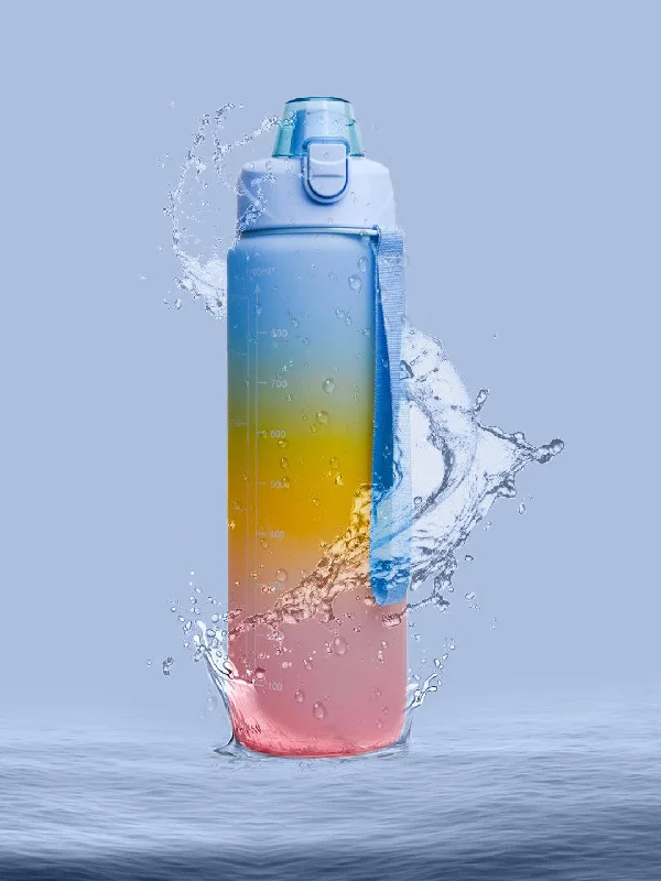 Motivational Sipper Travel Water Bottle, Blue-Yellow-Pink, 1 Liter