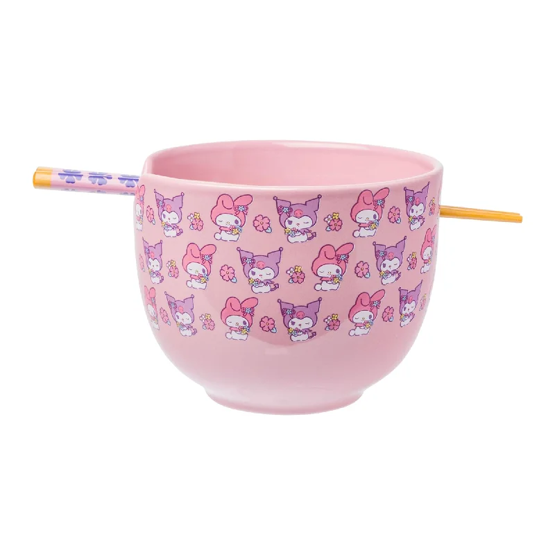 My Melody & Kuromi Ceramic Ramen Bowl and Chopstick Set (Pastel Flowers)