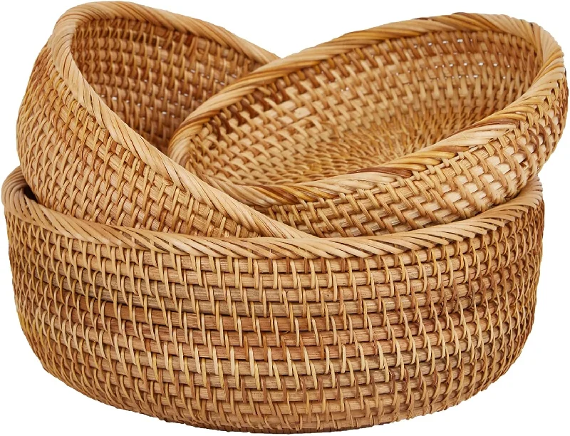 Natural Rattan Fruit Basket Bowls, Hand Woven Decor Serving Baskets