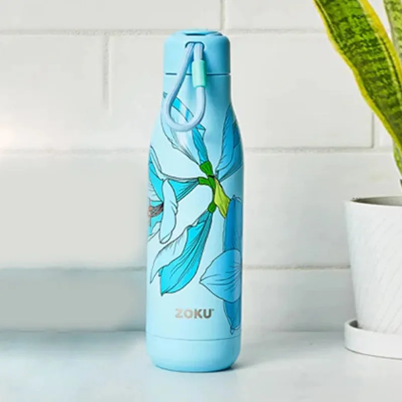 Zoku Stainless Steel Vaccum Insulated Blue Sky Lily Floral Water Bottle | 3 x 3 x 11 inches