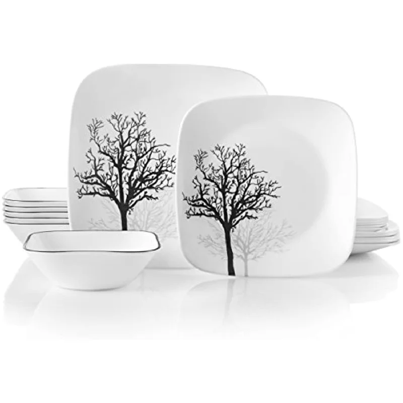 Triple Layer Glass and Chip Resistant, Lightweight Square Plates and Bowls Set