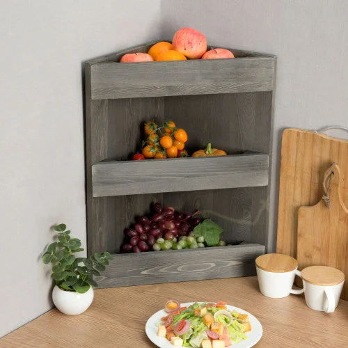 Vintage Gray Wood Corner Fruit Bowl & Organizer Rack