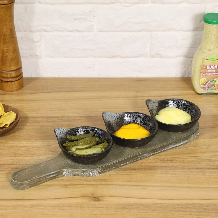 Whitewashed Wood Paddle Style Tray and Speckled Black Ceramic Bowls for Dips, Sauces, Toppings or Appetizers