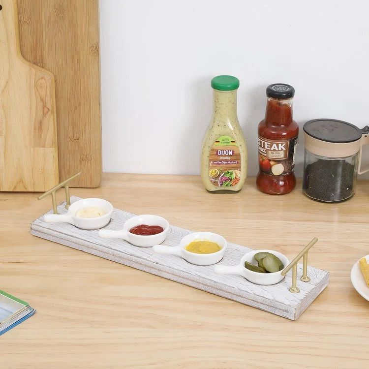 Whitewashed Wood Serving Tray with Brass Tone Handles and 4 Mini White Ceramic Handled Bowls for Dips, Sauces