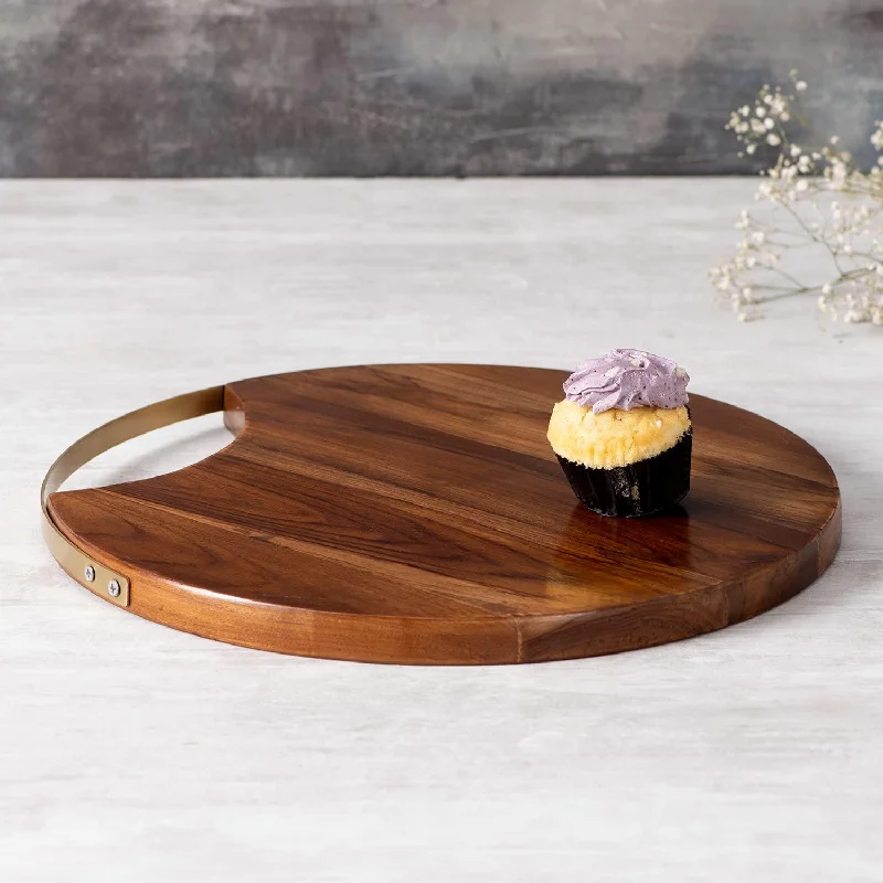 Wooden Platter Serving Plate sizzler Plate for Snacks | Round platters for Snacks Serving Plates Wooden Tray with Gold Iron Handle